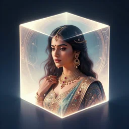 symmetry!! solid cube of light, hard edges, product render retro - futuristic poster scifi, beautiful gorgeous india woman, intricate, elegant, highly detailed, digital painting, artstation, concept art, smooth, sharp focus, illustration, dreamlike, art by artgerm