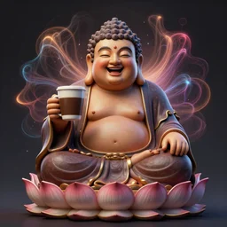 a hyperdetailed painting of a happy buddha sitting on a lotus in deep meditation, one hand holding a comically large cup of coffee, ambient occlusion, 3 d model, quantum fractals, magic realism, trending on artstation,