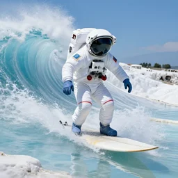 a beautiful digital painting of an astronaut in a white and royal blue luxurious space suit surfing the great wave of Kanagawa on a chic surfboard at Pamukkale, thermal waters flowing down gold travertine terraces by greg rutkowski, antelope canyon walls protruding, award winning photo, trending on artstation, highly detailed, unreal engine, octane render