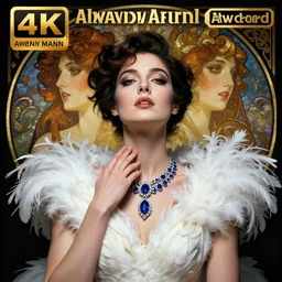 hyperrealistic portrait of a woman as amber heard touching neck noir white swan dress wearing sapphire jewellery with long feather collar by jeremy mann and alphonse mucha, fantasy art, photo realistic, dynamic lighting, artstation, poster, volumetric lighting, very detailed faces, 4 k, award winning