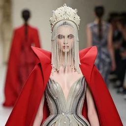 a female character design wearing high fashion, beads hanging over her face like an alexander mcqueen headdress, haute couture, dior, and a red cape by moebius, hd, 8 k, artstation, high quality, ultra detailed