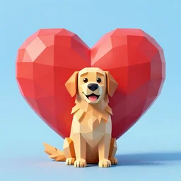 low poly, pixar, love, love, heart, golden retriever in center, magic realism, red, vivid colors by andy kehoe and amanda clarke y shamsia hassani