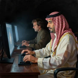 king of saudi arabia playing video games. foggy black background. highly detailed science fiction painting by norman rockwell, frank frazetta, syd mead and moebius. rich colors, high contrast, gloomy atmosphere, dark background. trending on artstation