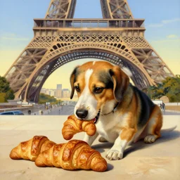 dog eating croissants in paris, painted by dali