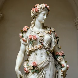 portrait of a greek statue covered in roses, by josephine wall