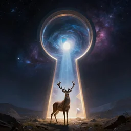 a deer standing in front of a giant portal into the universe in the shape of a keyhole to the dimension of prisms, beautiful matte painting by weta workshop 4 k, cinematic dramatic atmosphere, dramatic lighting, trending on artstation