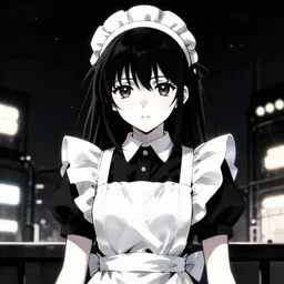 brutal high - contrast illustration of anime maid standing inside a night sky of industrial lights, beautiful upper body shot, pretty face and eyes by davinci, pixiv contest winner