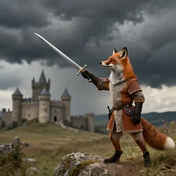 anthropomorphic fox!! who is a medieval knight holding a sword towards a stormy thundercloud [ 1 9 3 0 s film still ], castle,, in the background