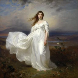 dramatic painting by thomas cole of a beautiful young woman in a long flowing white dress, billowing. high fantasy landscape in the background,