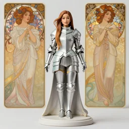 ariana grande as a fantasy female knight figurine in a light armor, soft transitions, mixed media, in the art style of alphonse mucha and greg rutkowski and gustav klimt