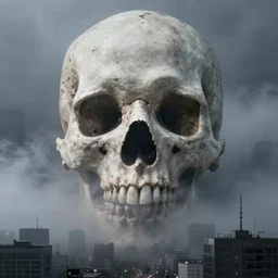 a giant, massive skull coming out of the fog over a city, very foggy, dark, epic, dramatic, ominous, 4k, high quality