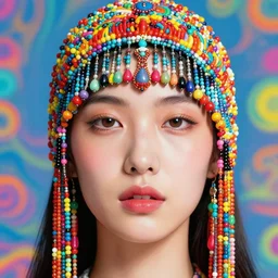 a colorful vibrant closeup portrait of a fashion model with a beaded headdress and dreaming psychedelic hallucinations, by kawase hasui, moebius, edward hopper and james gilleard, zdzislaw beksinski, steven outram colorful flat surreal design, hd, 8 k, artstation