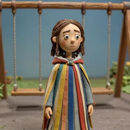 a closeup portrait of a sad woman wearing a cloak made of ribbons, standing next to an empty swing playground, stop motion animation, claymation, anomalisa