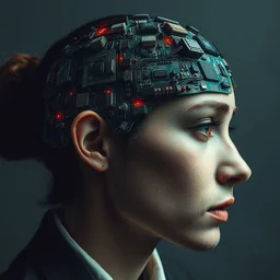 a closeup of a businesswoman with computer motherboards lodged into her brain, beksinski, dariusz zawadzki