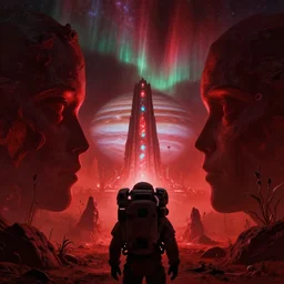 symmetrical extreme closeup portrait silhouette mass effect astronaut looking at an energy temple on jupiter, jagged rocks, sparse plants, weird, creepy, quiet, red color scheme, andromeda krogan nebula aurora, bioluminance alena aenami artworks in 4 kby gustave darrow, moebius!! dan mumford thomas kinkade
