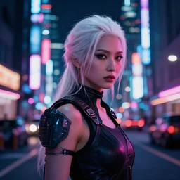 4 k remaster extremely detailed cinematic movie still from blade runner 2 0 4 9 of gorgeous japan woman warrior with white hair, in the street, megabuildings, face by artgerm, cyber noir, bokeh, denis villeneuve, rich colors, night, road