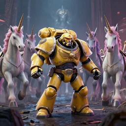 highly realistic 3 d render of a space marine fighting against a hoard of evil unicorns, doom, artstation, concept artunreal engine 5, octane render, volumetric lighting, cinematic render,