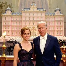 A photo of emma watson and joe biden in a Victorian Mansion in the movie The Grand Budapest Hotel (2014), golden, vibrant, colorful, 8K, copper, brass, f/22, 35mm, 2700K, kodachrome, award winning photography, perfect faces