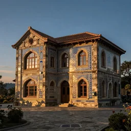 beautiful stone house at twilight by Annie Swynnerton and Nicholas Roerich and jean delville, strong dramatic cinematic lighting , ornate tiled architecture, lost civilizations, smooth, sharp focus, extremely detailed