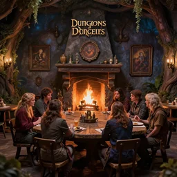 an enchanted feywild tavern with people sitting at a long table, in front of a fireplace, dungeons and dragons, 4 k, highly detailed, vibrant colors, coherent, good proportions, muted lights