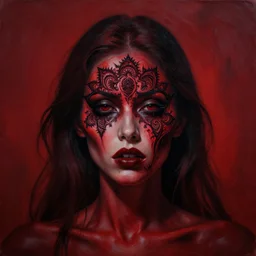 dramatic dark red matte portrait painting of woman with black mandelbrot fractal instead of face, horror, body horror, dark art, 4 k, detailed, realistic, psychotic, insane, crazy, mental illness, dramatic,