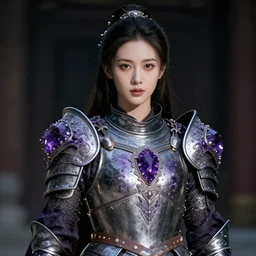 photo of a real-life beautiful female warrior with amethyst encrusted armour