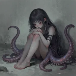 a sad girl with tentacles instead of limbs sitting on the floor, fantasy illustration