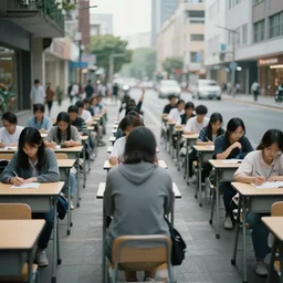 people sitting in rows of desks in the middle of a city street, first person view from back row, dream - like atmosphere, high quality digital art