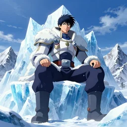a stunning giant sitting on a monumental ice mountain, anime art, very detailed, art station,