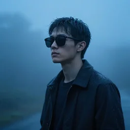 dude in misty environment with shades of blue, 4k, cinematic depth, ultra sharp, beautiful lighting, raining,