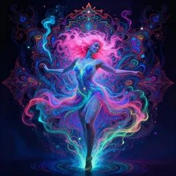psychedelic [ chemiluminescence ] [ [ [ smiling ] ] ] dancing elegant woman chakra spirit, swapped channel, with pink hair smoke and fluid dynamics, colorful, psychedelic, ornate, intricate, digital painting, concept art, smooth, sharp focus, illustration, blacklight reacting, art by artgerm and greg rutkowski