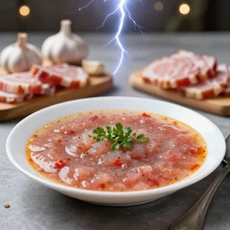 plate of borscht, near pampushka and sliced salo, hyper realistic, extremely detailed, foodphoto, photorealism, garlic on background, side view, bokeh, epic lightning, yamy!!