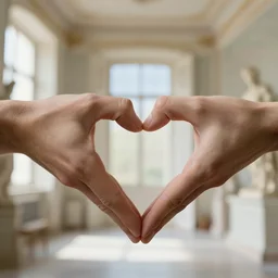 atmospheric beautiful men's fingers are folded in the form of a loving heart in a bright spring room, wrote renaissance michelangelo