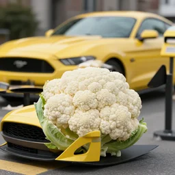 a photograph of a white cauliflower in a yellow ford mustang on a terras in ghent. award winning
