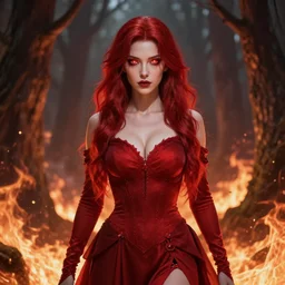 pretty pyromancer in a burning forest, scarlet dress, face features, red hair, glowing eyes, high fantasy, epic, dnd,, highly detailed by artgerm, wlop, michael cheval, peter mohrbacher, boris vallejo, jessica rossier, ultra realistic, wide angle, intricate details, mass effect