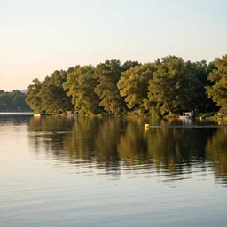 professional photography of calm lake, reflection of trees in background in lake, golden hour soft light, boat in lake, highly detailed, super realistic, art by greg rutsoswki