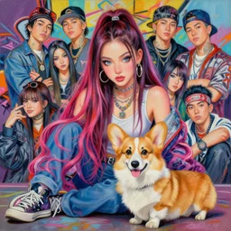 beautiful portrait painting of hiphop attractive princess chilling with her corgi, by peter kemp, naoki urasawa, nikolina petolas, noah bradley, patrick woodroffe, posuka demizu, qing han, trending on artstation, 8 k, masterpiece, graffiti paint, fine detail, full of color, intricate detail, golden ratio illustration, face enhance