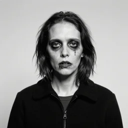 portrait of a zombie by Diane Arbus, black and white, photorealistic, symmetrical, 50mm
