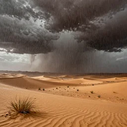 Massive rain in heatwave over post-apocalyptic desert, saturated colors, hyper detailed photorealistic