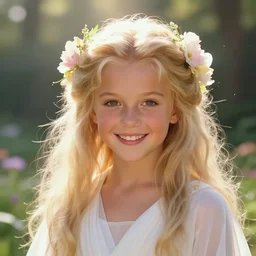 headshot of a beautiful happy 2 0 years old britney spears ethereal magical fairy princess wearing a white robe and flowers in her hair in a fantasy garden, d & d, fantasy, intricate, rim light, god rays, volumetric lighting, elegant, highly detailed, digital painting, artstation, concept art, smooth, sharp focus, illustration, art by greg rutkowski, maxfield parrish and alphonse mucha, sunrise, new art nouveau, soft ambient lighting, particle effects