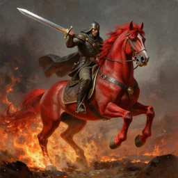 the first singular horseman of the apocalypse riding a strong big red stallion, horse is running, the rider carries a large sword, flames from the ground, artwork by artgerm and rutkowski, breathtaking, dramatic