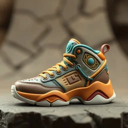 realistic scultpure of plastic toy sneaker! design, sneaker design overwatch botw fantasy style mixed with aztec mayan native street fashion, focus on sneakers only, shoes designed by akira toriyama and studio ghibli
