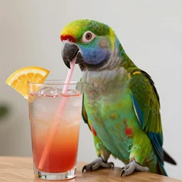 A portrait photo of a parrot sipping a fruity drink through a straw