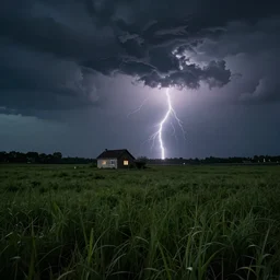 grassy landscape with a singular house at night during thunderstorm, dark colors, hyperdetailed, hyperrealistic, professional picture