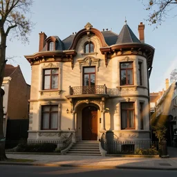 High quality DSLR photo of a belle epoque house in Belgium at dawn, warm lighting, long shadows, beams of sunlight