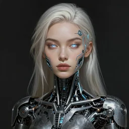 supermodel woman turning into an android portrait, dark surrealism, scifi, intricate, elegant, sharp eyebrows, platinum blonde hair, highly detailed cybernetic body, neon glowing eyes, digital painting, artstation, concept art, smooth, sharp focus, illustration, art by artgerm and moebius and alphonse mucha
