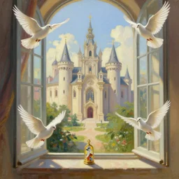 a beautiful paintiang of looking out from the glass window of the castle, white doves are flying around the church, rococo style, baroque style, tarot