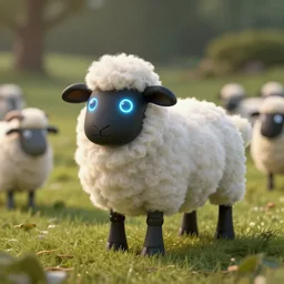 wide - shot of adorable fluffy sheep robot, in a field, cute electric sheep, droid sheep, glowing diods, greg simkins, android jones, rutkowsky, kinkade, levitan, matte painting, steam lighting, render, hyperrealistic, highly detailed, accurate