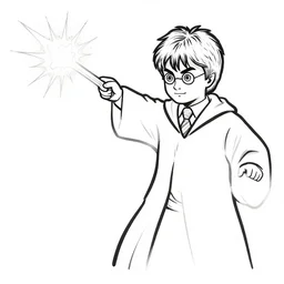 harry potter casting a spell. line art, coloring page. black and white.