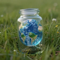 the whole world inside a mystical glass jar laying in a field, realistic object, fantasy, photo realism, HD, highly detailed